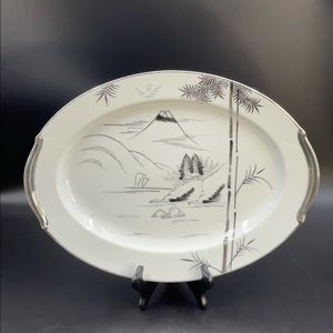 Kutani Platinum Bamboo Rimmed Mt Fuji Oval Platter